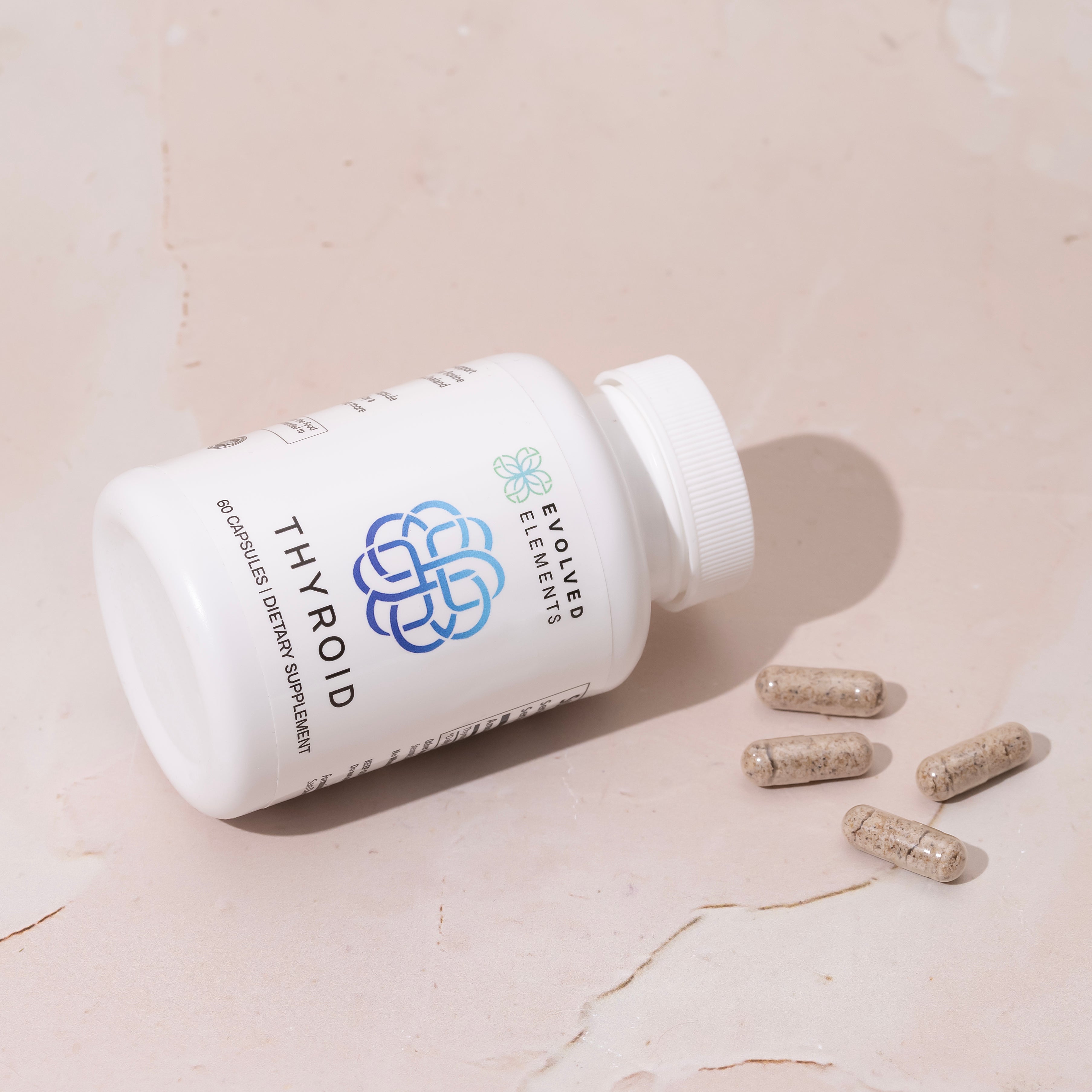 Supplement bottle labeled 'Thyroid,' with benefits listed: energy, metabolism, mood, brain, stress, cholesterol, sleep.