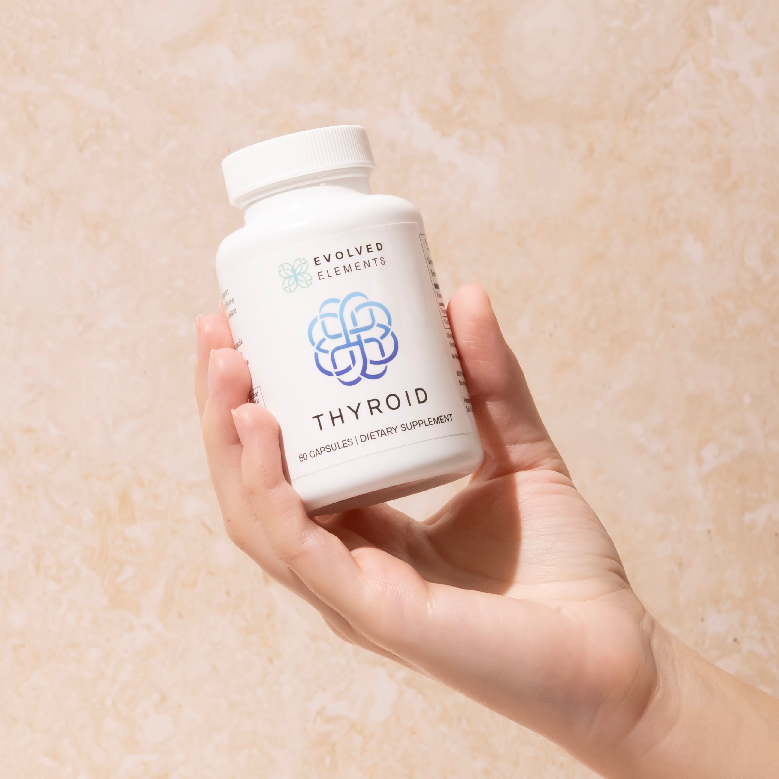 Supplement bottle labeled 'Thyroid,' with benefits listed: energy, metabolism, mood, brain, stress, cholesterol, sleep.