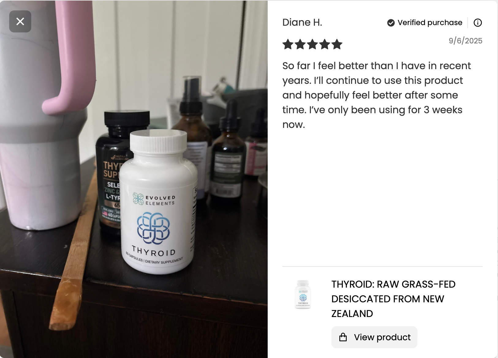 Supplement bottle labeled 'Thyroid,' with benefits listed: energy, metabolism, mood, brain, stress, cholesterol, sleep.