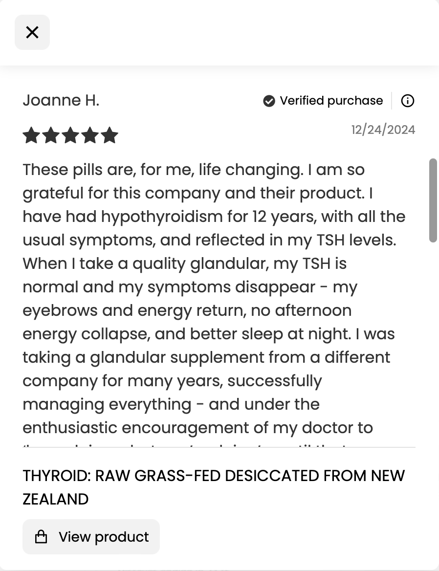 Supplement bottle labeled 'Thyroid,' with benefits listed: energy, metabolism, mood, brain, stress, cholesterol, sleep.