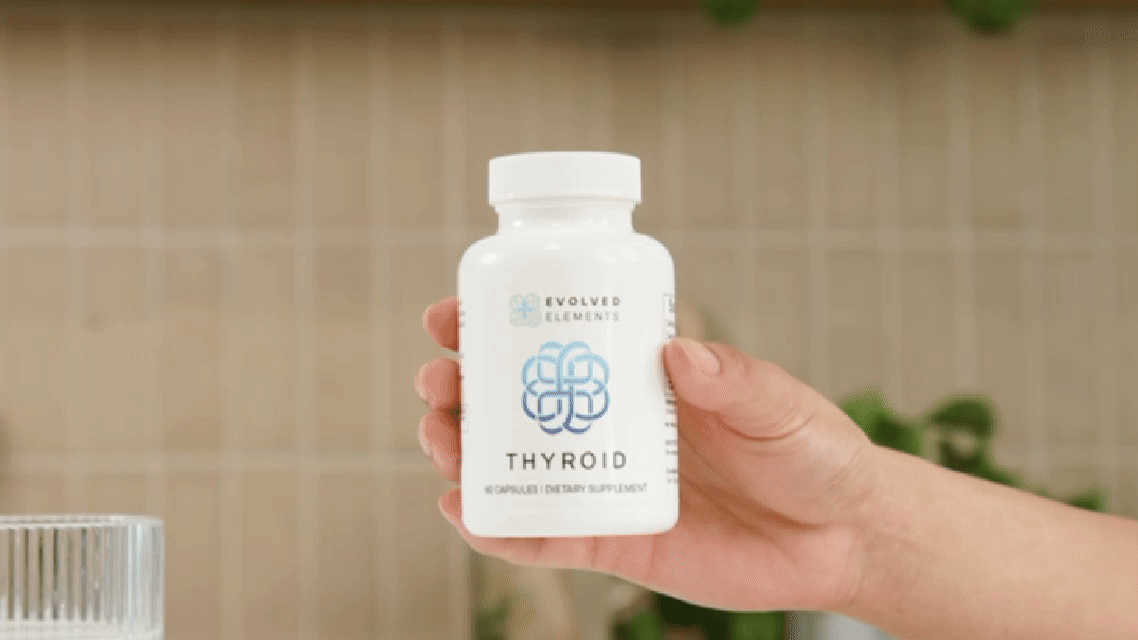 Supplement bottle labeled 'Thyroid,' with benefits listed: energy, metabolism, mood, brain, stress, cholesterol, sleep.