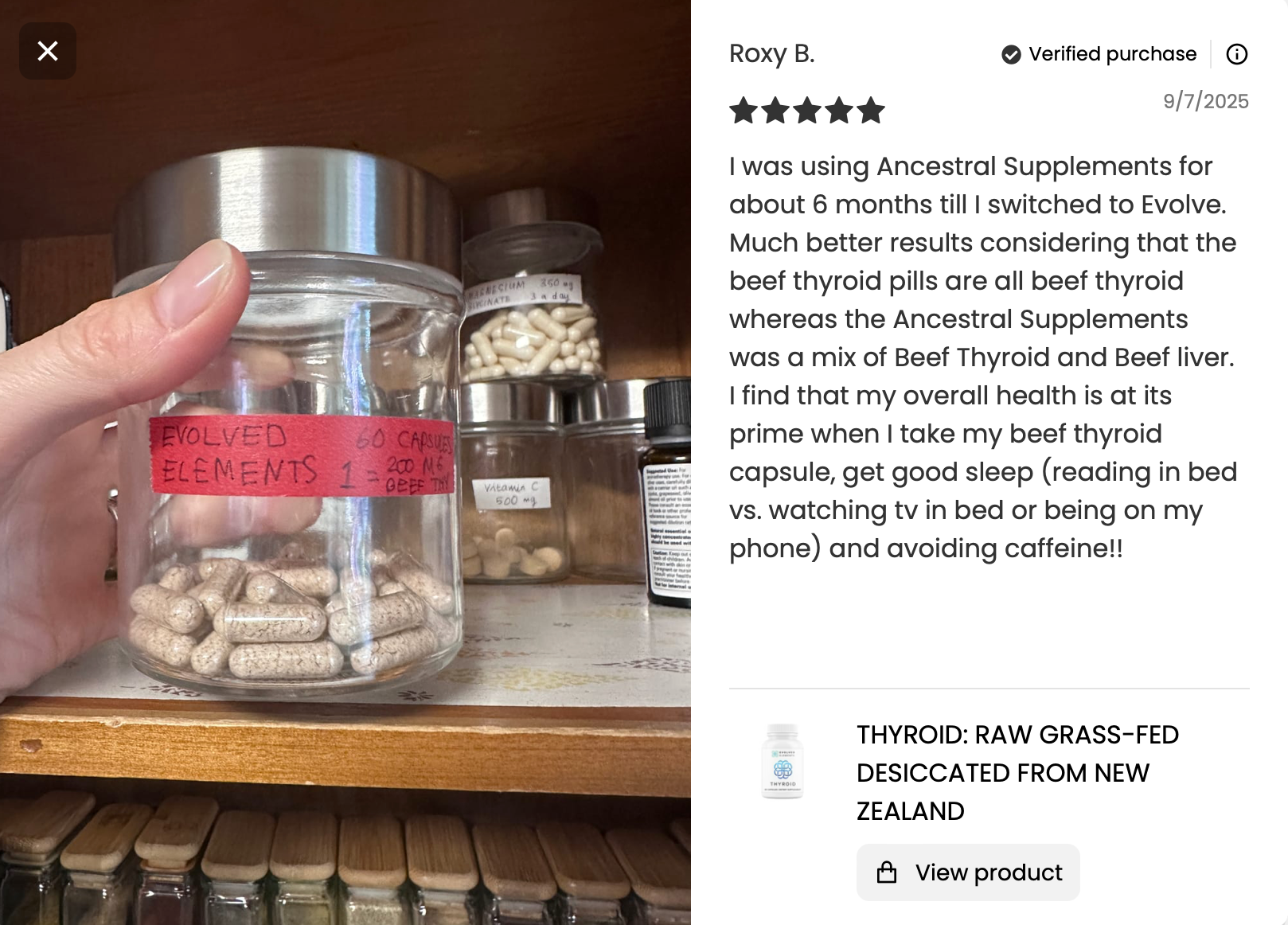 Supplement bottle labeled 'Thyroid,' with benefits listed: energy, metabolism, mood, brain, stress, cholesterol, sleep.