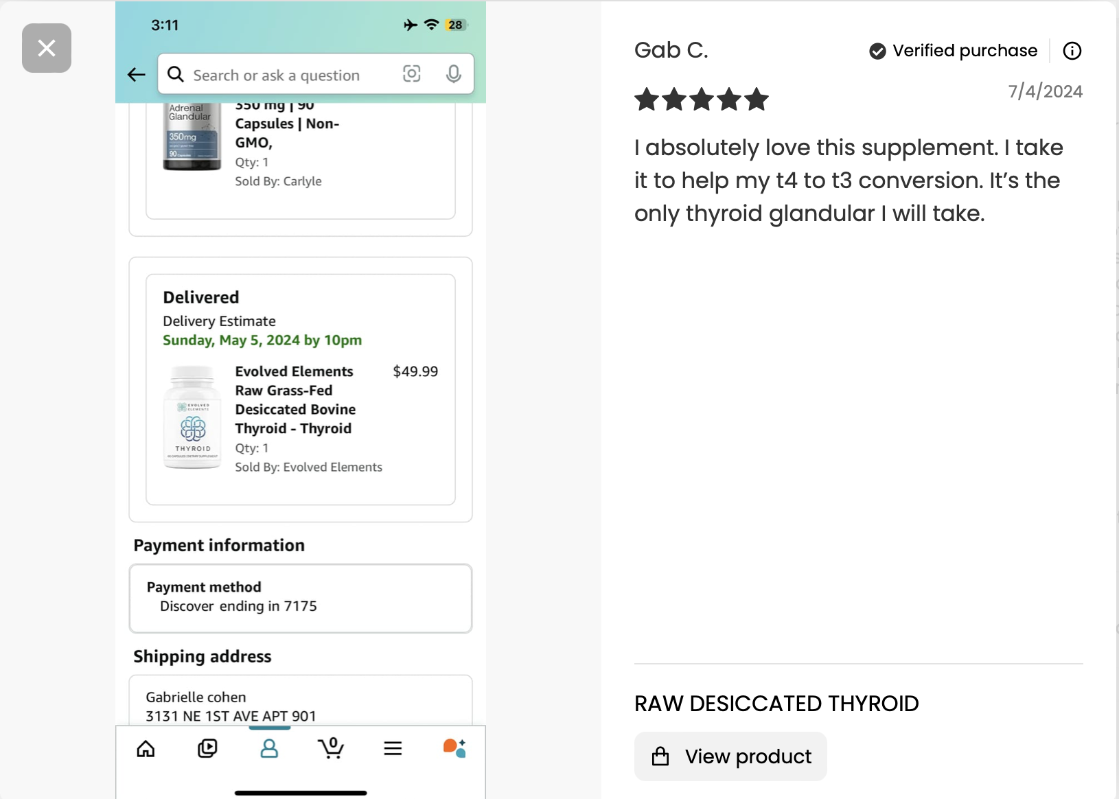 Supplement bottle labeled 'Thyroid,' with benefits listed: energy, metabolism, mood, brain, stress, cholesterol, sleep.
