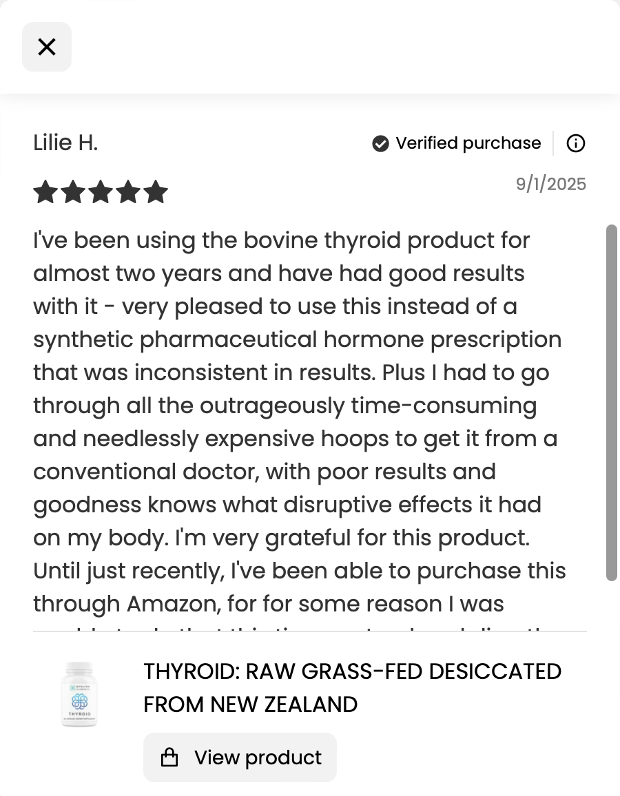 Supplement bottle labeled 'Thyroid,' with benefits listed: energy, metabolism, mood, brain, stress, cholesterol, sleep.