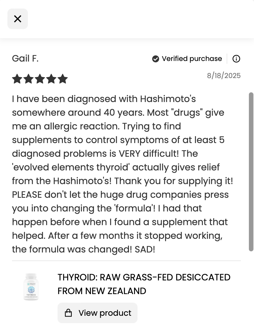 Supplement bottle labeled 'Thyroid,' with benefits listed: energy, metabolism, mood, brain, stress, cholesterol, sleep.
