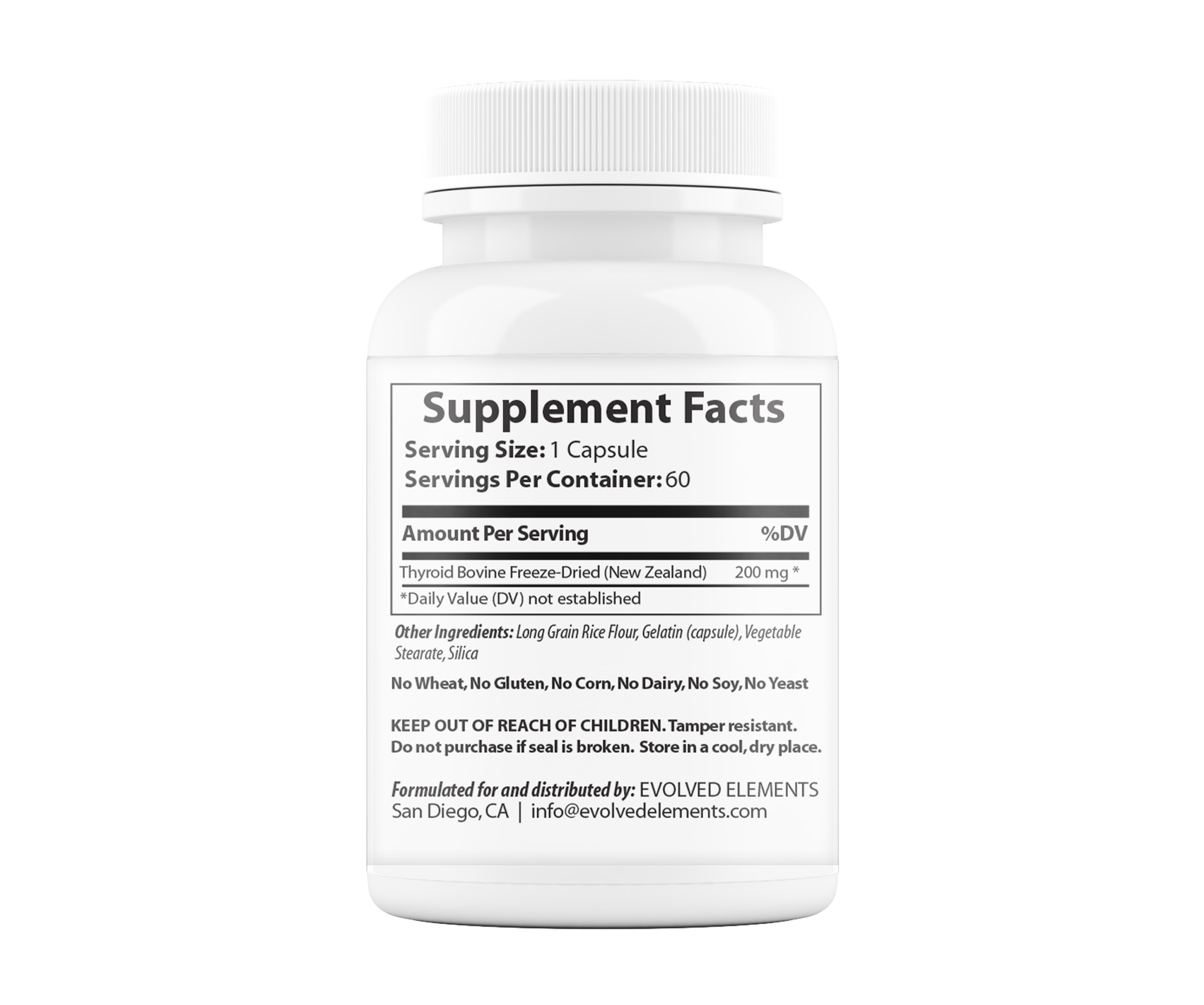Supplement bottle labeled 'Thyroid,' with benefits listed: energy, metabolism, mood, brain, stress, cholesterol, sleep.