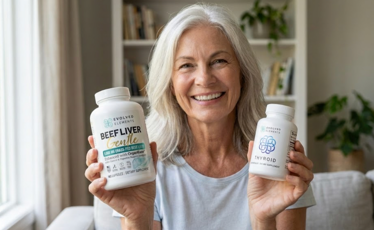 Woman holding two supplement bottles in a home setting